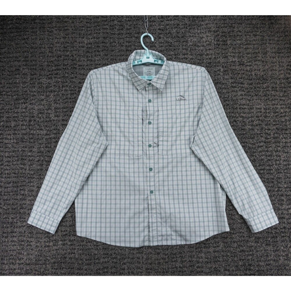 LL Bean Shirt Mens XL White Gray Plaid Performance Long Sleeve Fishing Hiking